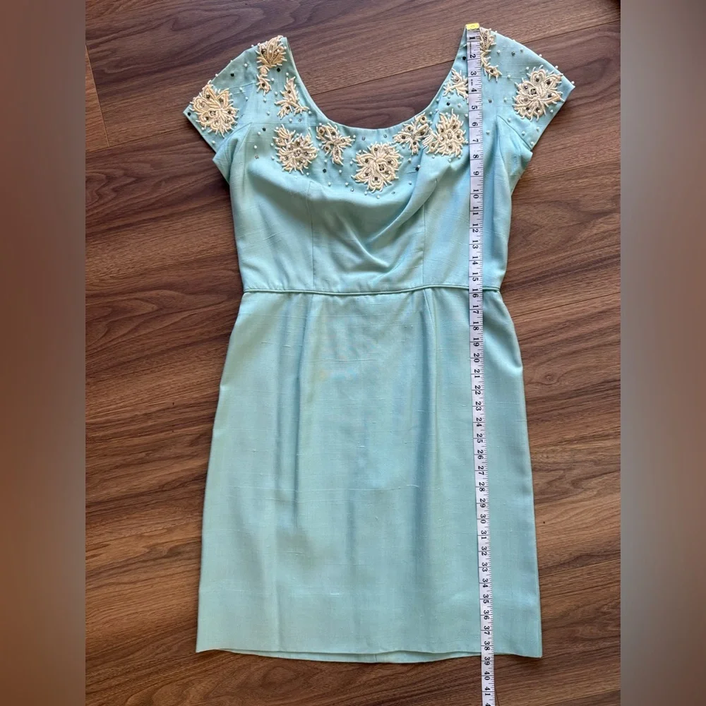 Vintage 50s 60s Baby Blue Hand Beaded Sheath Dress Lace Rhinestone Cocktail M/L - Picture 14 of 16